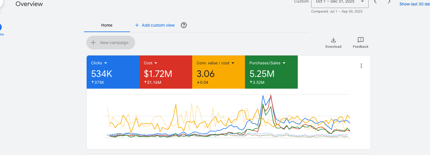Google Ads overview showing 5.25M in purchases and sales on 1.72M cost