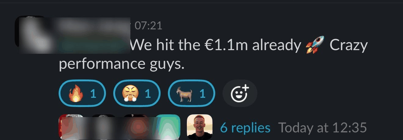 Slack message from a client reading: We hit the 1.1m already, crazy performance guys