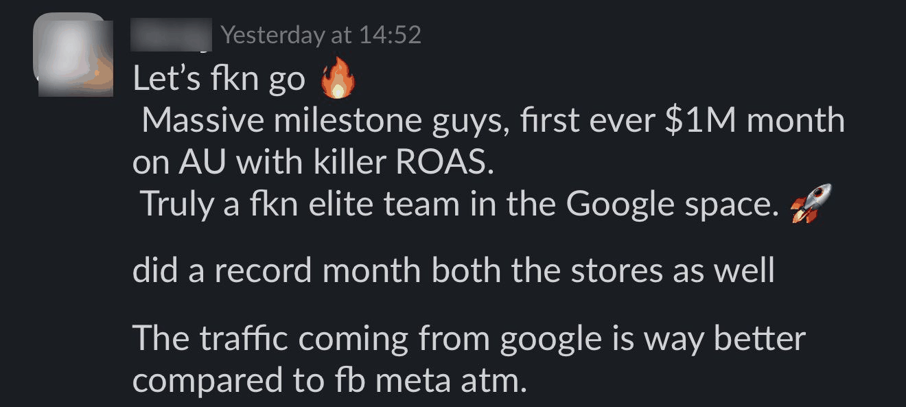 Slack message from a client about a first ever 1M dollar month on AU with killer ROAS